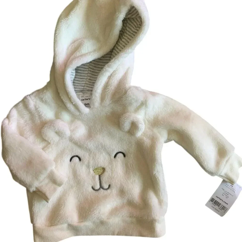 Carter’s 6 Month White Gold faux Fur teddy Hoodie Pullover Sweater New with tags
